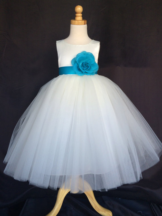 زفاف - Ivory Wedding Bridal Bridesmaids Tulle Flower Girl dress Toddler 9 12 18 24 Months 2 4 6 8 10 12 14 Sash Color 24