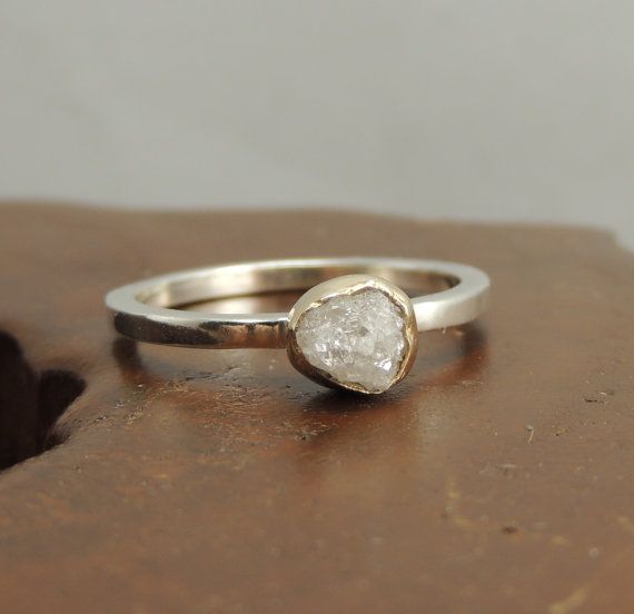 Wedding - Uncut Diamond Engagement Ring, 14k Gold And Sterling Silver Rough Diamond Ring, Handmade Diamond Engagement