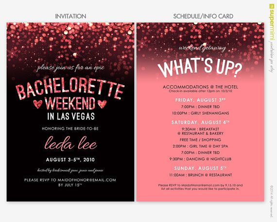 Hochzeit - Sparkly Pink Black Vegas Bachelorette Invitation And Schedule Info Card / Customized Printable Download