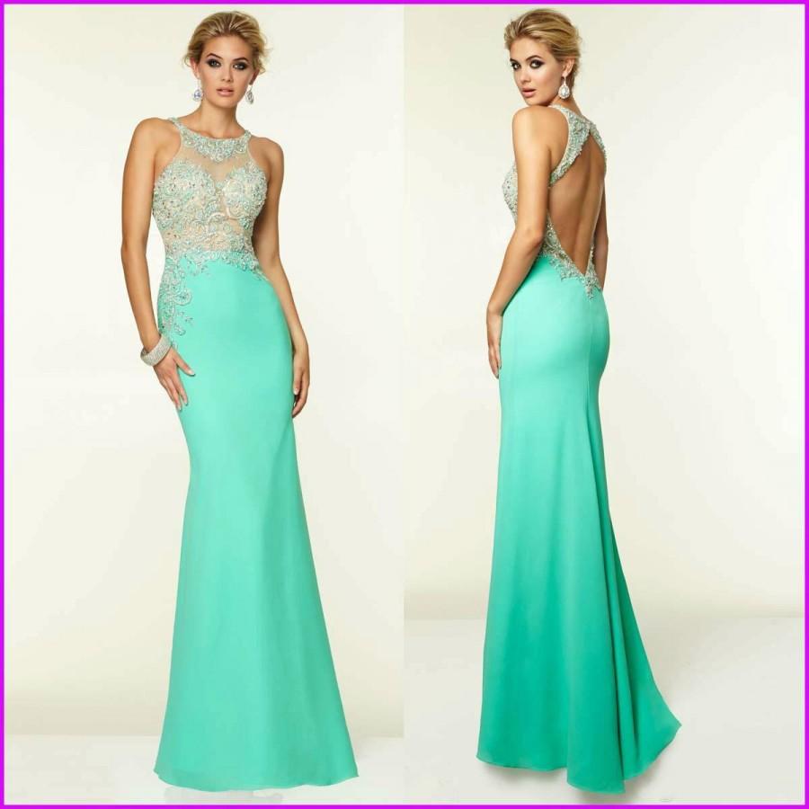 Mariage - Sexy Backless Evening Dresses Crystal Beads Satin Sheer Sleeveless Green Sheath Pageant Long Party Celebrity Gowns 2015 New Arrival Online with $120.16/Piece on Hjklp88's Store 