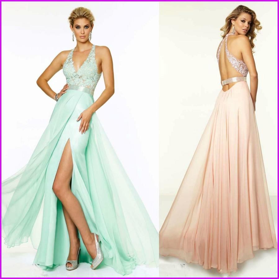 Свадьба - New Arrival Modest Evening Dresses Chiffon Crystal V Neck Split Beads Applique Sexy Celebrity Backless Nude Formal Pageant Long Party Gowns Online with $114.82/Piece on Hjklp88's Store 