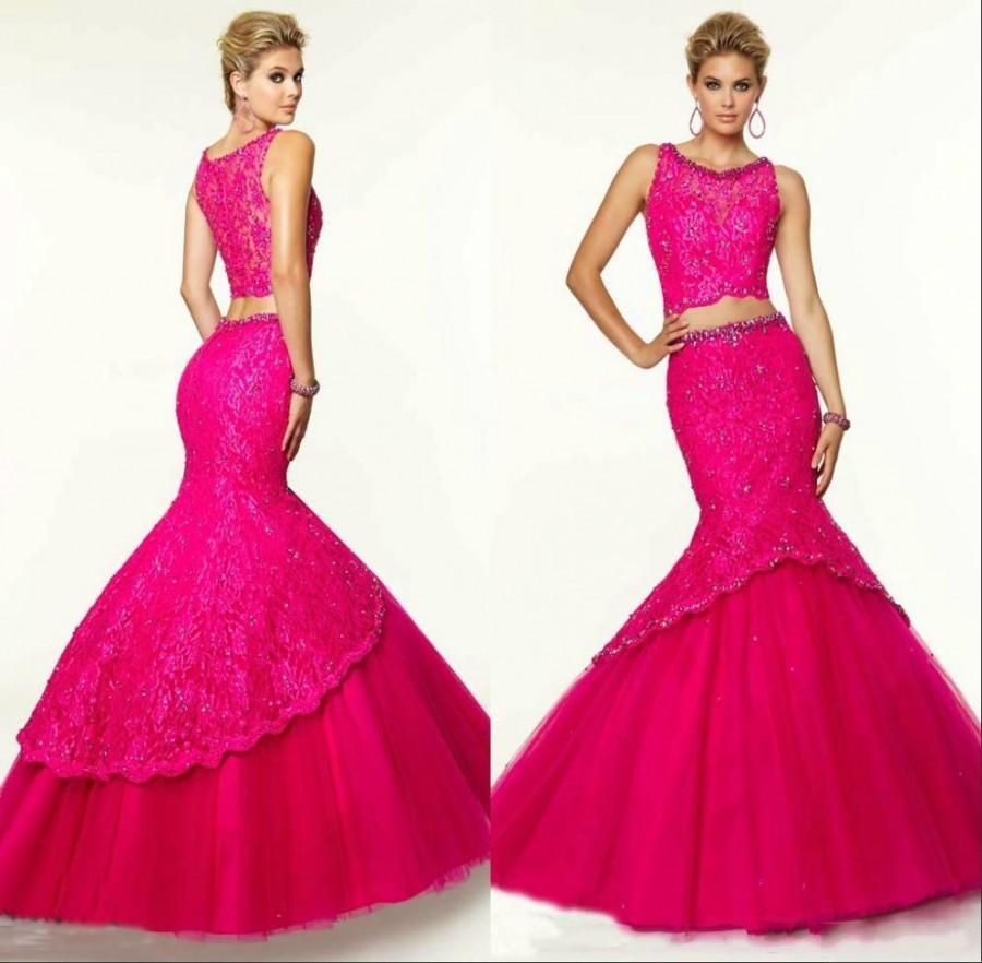 Свадьба - Sexy Two Pieces Evening Dresses Lace Mermaid Beads Trumpet Applique Modest Tulle Crew Neck Fuchsia Formal Pageant Long Party Gowns Sweep Online with $133.51/Piece on Hjklp88's Store 