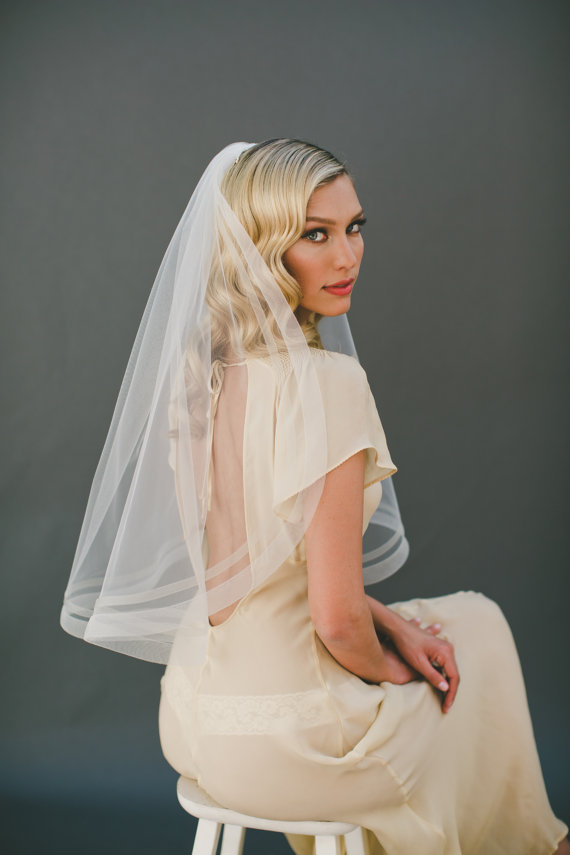 زفاف - 1" & 1/5" Horsehair Veil, Bridal Veil, Organza Veil, Organza Ribbon Edge Wedding Veil, Ivory Veil, Chapel Veil, Fingertip Veil # 1562