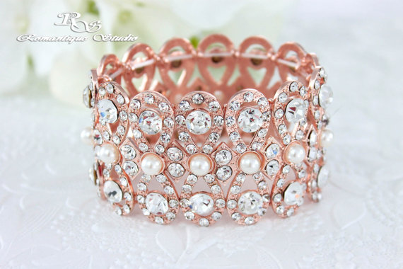 Hochzeit - ROSE GOLD Art Deco bracelet pearl crystal wedding bracelet bridesmaid bracelet bridesmaid gift wedding bridal jewelry accessory - B0113RG
