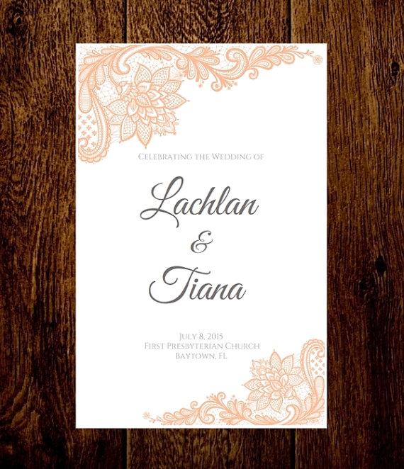Mariage - Peach Lace Wedding Program Folded Wedding Program Printable Template INSTANT DOWNLOAD diy MS Word Template - Fonts Included Print & Fold