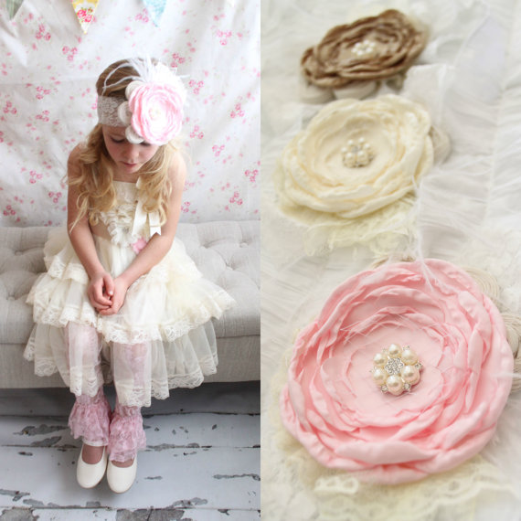 Свадьба - Rustic Wedding Chiffon Rose Lace Flower Headband.  Pink, Beige Buff Champagne, Ivory Cluster. 1st Birthday Photo Shoot. Wedding Flower Girl