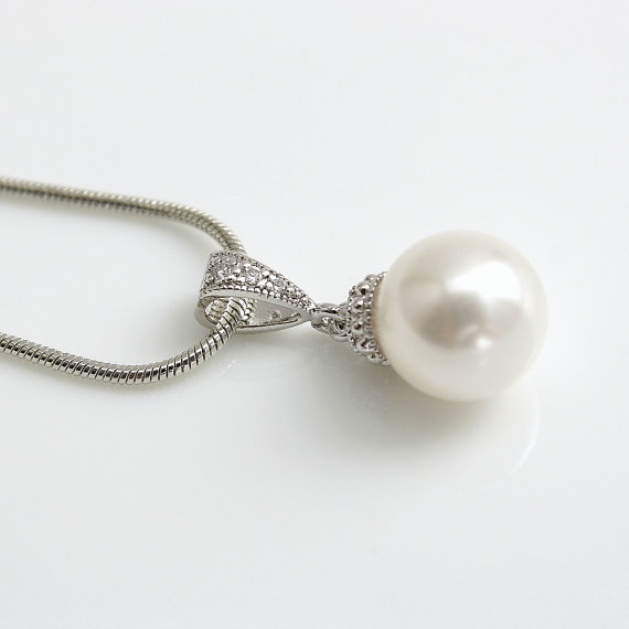 Hochzeit - Bridal Single Pearl Necklace with Swarovski Pearl Pendant Wedding Necklace Silver Wedding Jewelry Bridesmaid Necklace