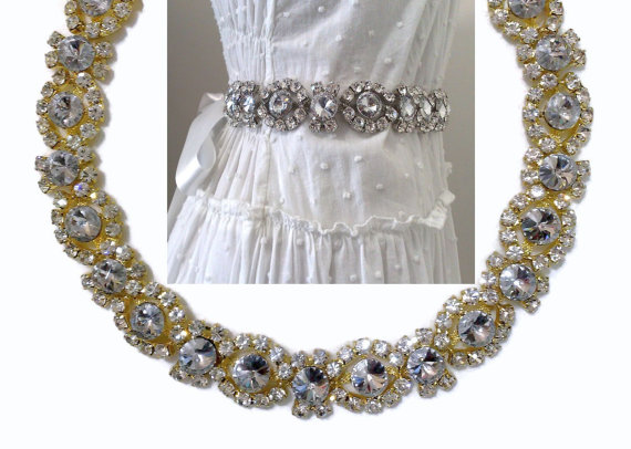 Hochzeit - Gold Crystal Bridal Sash, Art Deco Wedding, Geometric Dress Jewelry, Statement Belt, Summer Wedding, MIRANDA