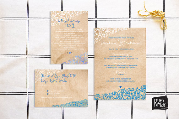 Свадьба - Beach Wedding Invitation, RSVP, Wishing Well, Japanese Waves - digital/printed - kraft wedding invitation suite, nautical, watercolour, blue