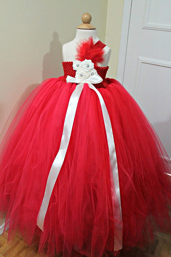 Hochzeit - Flower Girl Tutu Dress...Ivory and Red Flower Girl Tutu....White Tutu Dress...Flower Girl Dress...Birthday Tutu