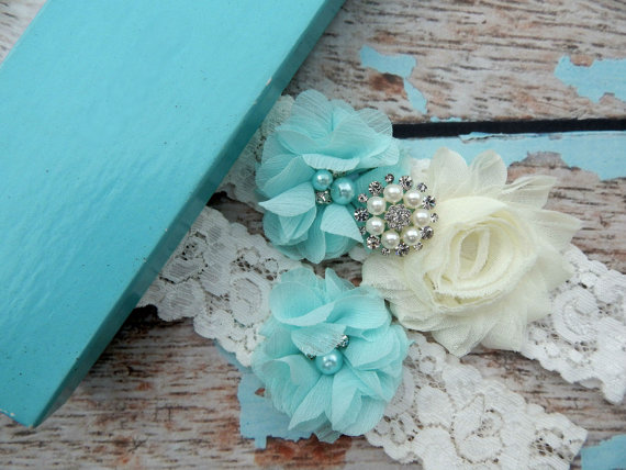 Wedding - GARTER SET / Aqua Blue Wedding Garter Set / You Design / Bridal Garter Set / Vintage Garter / Toss  garter / Lace Garter / Garters