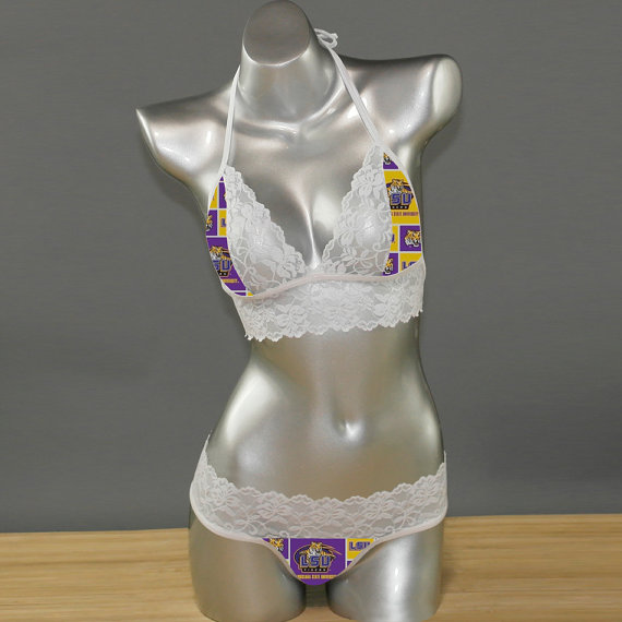 زفاف - Sexy handmade with NCAA LSU Tigers fabric with white scallped lace accent top with matching G string panty lingerie set
