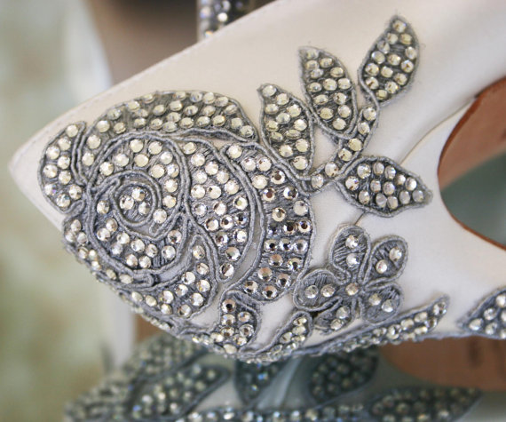 Wedding - Custom Wedding Shoes -- Light Ivory Platform Peep Toe Wedding Shoes with Silver Crystal Handmade Applique on Heel