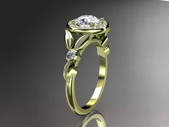 زفاف - 14kt  yellow gold diamond floral wedding ring,engagement ring with Forever Brilliant Moissanite center stone,  ADLR129