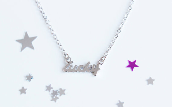 Свадьба - Silver Lucky Necklace. Lucky Girl Necklace, Bridal Shower Gift. Lucky Word Necklace. Script Necklace
