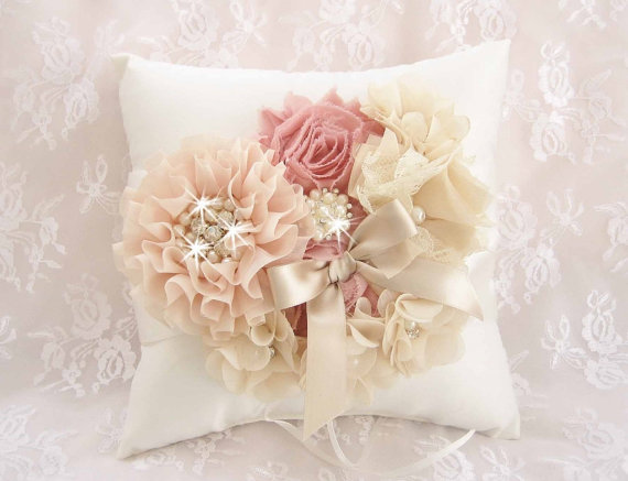 Wedding - Victorian Ring Bearer Pillow, Wedding Pillow,  Vintage Ring Pillow Blush, Champagne and Rose