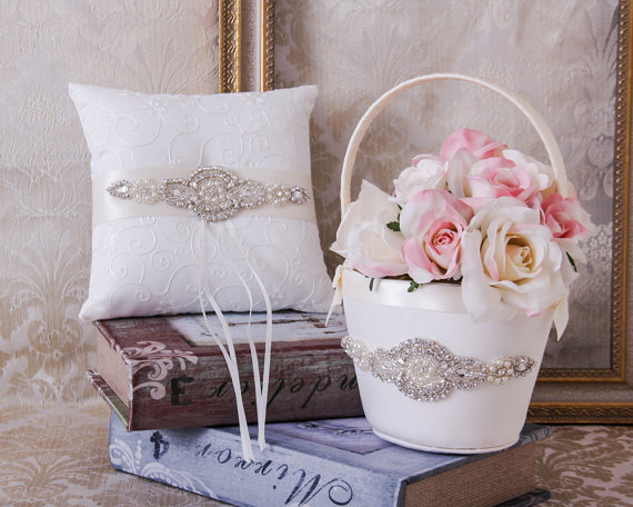 Свадьба - Ring Bearer Pillow and Flower Girl Basket, Wedding Ring Pillow, Rhinestone Flower Girl Basket
