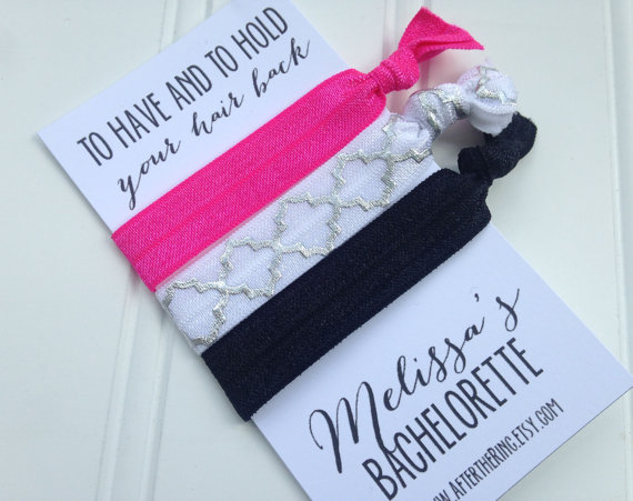 Hochzeit - CUSTOM SET of 3 Hair Ties Bachelorette Party Favors, Personalized Bridesmaid Gifts, Bachelorette, Girls Night Out, Elastic Hair Tie Card