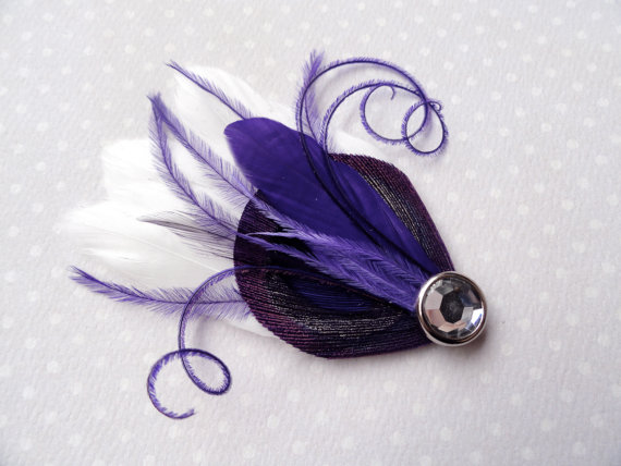 زفاف - BREE Purple and Lavender Peacock Mini Feather Hair Clip with Crystal, Feather Fascinator