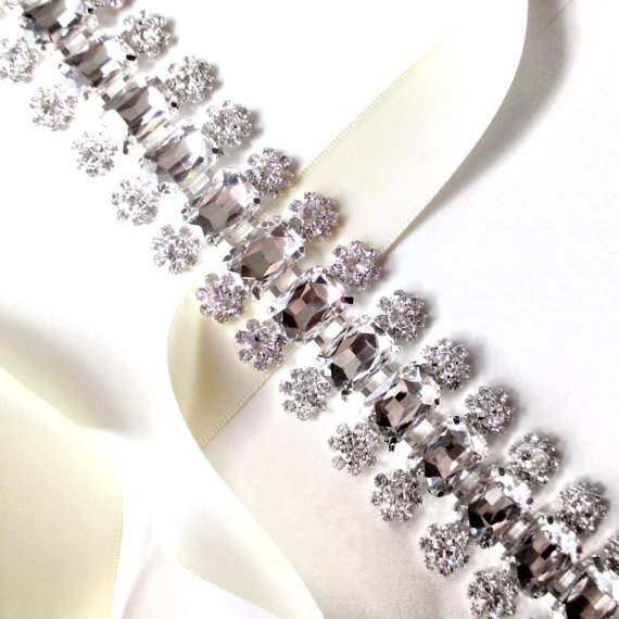 Wedding - Brilliant Bridal Belt Sash - Custom Ribbon - White Ivory Satin - Silver Wedding Dress Belt - Crystal Rhinestones