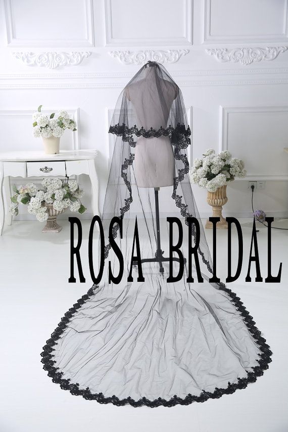 Hochzeit - Black Lace edge wedding veil, Black bridal veil 2 Tiers bridal veil with comb