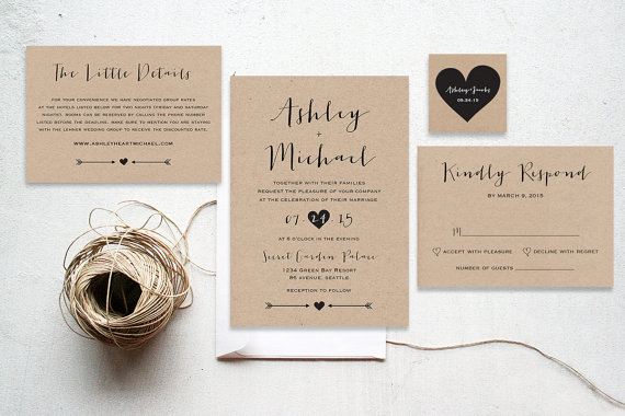 Mariage - The Amethyst Suite - Printable wedding invitation suite, Minimalist wedding, Kraft paper rustic garden wedding invitation calligraphy.