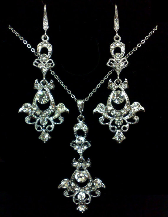 Свадьба - Long Bridal Jewelry Set, Victorian Wedding, Damask Earrings, Dangle Necklace, Ornate Jewelry, MATAHARI