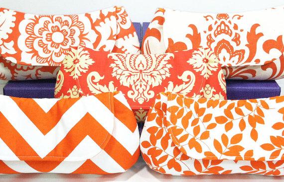 زفاف - Bridesmaid Clutches Bridal Party Gifts Wedding Clutch Choose Your Fabric Orange Set of 8
