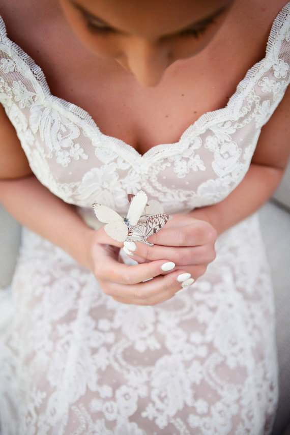 Wedding - Hand Cut silk butterfly hair pins - Trio of Delicate creams