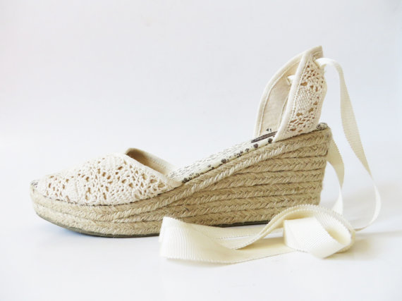 زفاف - Ivory Espadrilles Crochet Cotton Lace Platforms Boho Style Cream Wedding Wedges Ladies Summer Shoes Gypsy Queen Tan Sandals UK 7 US 8 EUR 41
