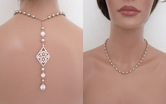 Hochzeit - Rose Gold Backdrop necklace, Bridal Back drop necklace, Pearl Wedding necklace, Wedding jewelry, Crystal necklace, Rose gold necklace, EMILY