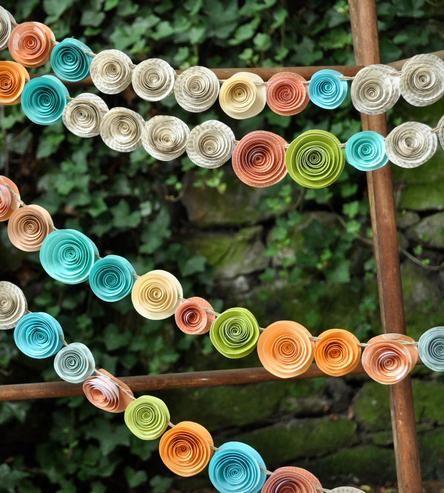 Hochzeit - Orange, Coral, Teal & Recycled Book Page Paper Flower Garland - Set Of 4