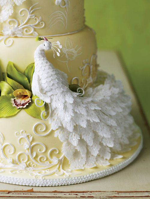 Wedding - Yellow Wedding Cake With White Peacock