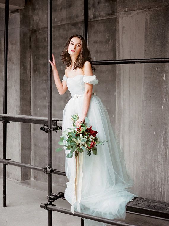 Wedding - Arsenia // Grey Tulle Wedding Dress - Low Back Wedding Gown - Boho Romantic Tulle Gown - Bohemian Wedding Dress - Off Shoulder Wedding Dress