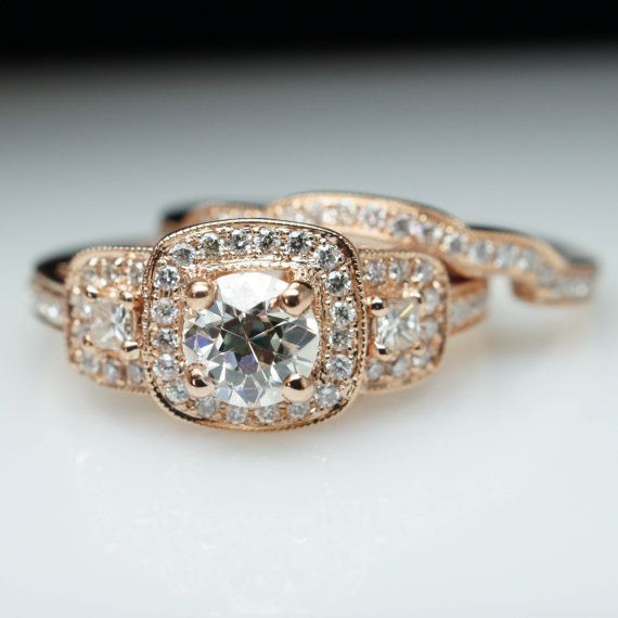 Wedding - Unique .97ct Old European Cut Diamond Halo 14k Rose Gold Engagement Ring & Wedding Band Set (Complete Bridal Wedding Set)t