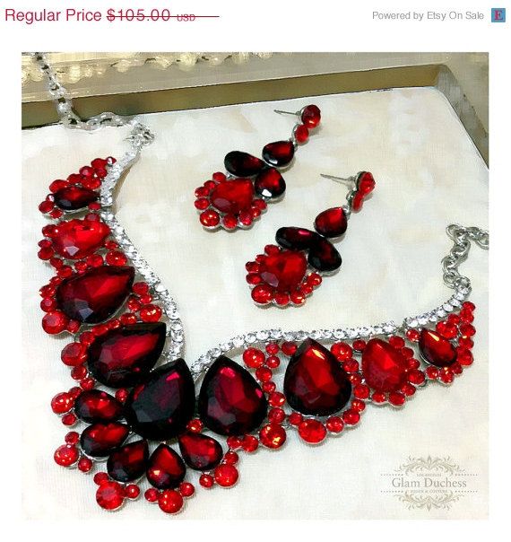 Wedding - Wedding Jewelry Set, Red Crystal Bib Necklace Earrings, Vintage Inspired Necklace Statement, Crystal Jewelry Set, Garnet Red Jewelry Set