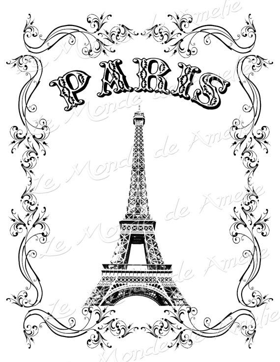 Wedding - Tour Eiffel Vintage Romantic Large Image Paris France Europe Transfer Gift Tag Label Napkins Burlap Pillow Original Large Image Sheet N.126
