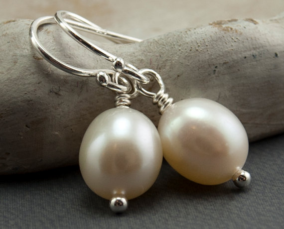 Hochzeit - Freshwater Pearl Earrings White Pearl Earrings. Wedding Jewelry. White Pearls June Birthstone Earrings Simple Drop Earrings Sterling Silver