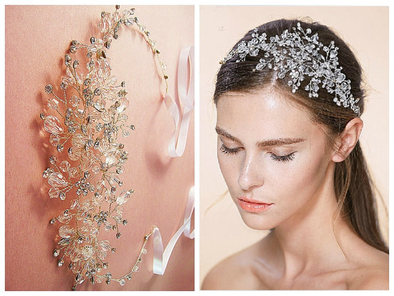 زفاف - Glamour bridal headpiece, Crystal rhinestone hair vine, Wedding tiara,,Rhinestone wedding ribbon headband, Silver
