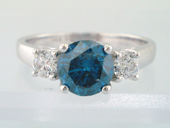 زفاف - Blue Diamond Three Stone Engagement Ring 1.18 Carat Certified 14K White Gold HandMade