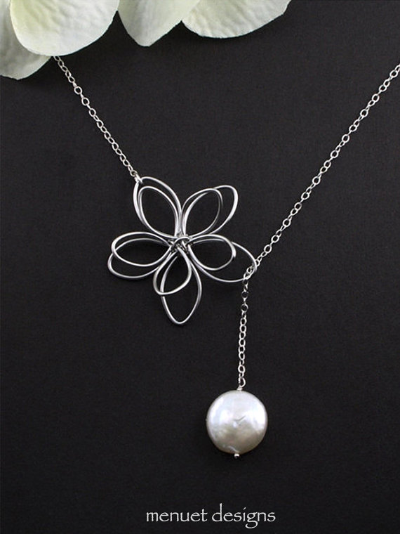 Wedding - Flower and Pearl Lariat. Silver Lariat Necklace, White Coin Pearl, Hand Wired Flower Charm, Bridal Jewelry, Wedding Necklace