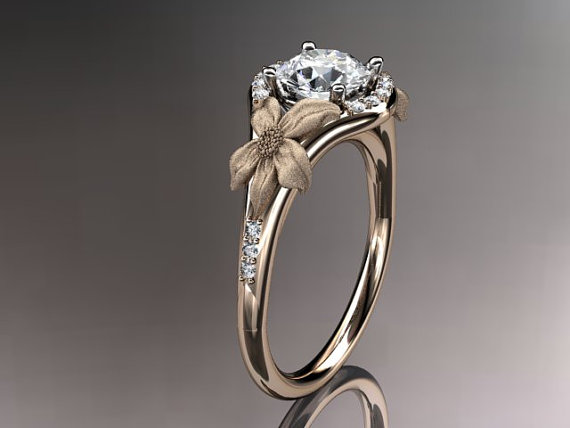 زفاف - 14kt  rose gold diamond leaf and vine wedding ring,engagement ring with Forever Brilliant Moissanite center stone, ADLR91