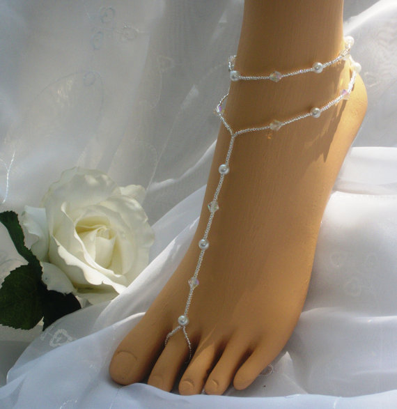 زفاف - Pearl & Crystal Barefoot Sandal with Matching Anklet Wedding Bridal Foot Jewelry