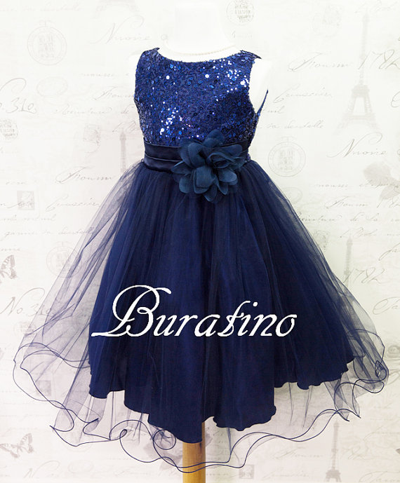 Mariage - Flower Girl  Dress Navy Sequin Double Mesh Flower Girl Toddler Wedding Special Occasion Dress (ets0155nv)
