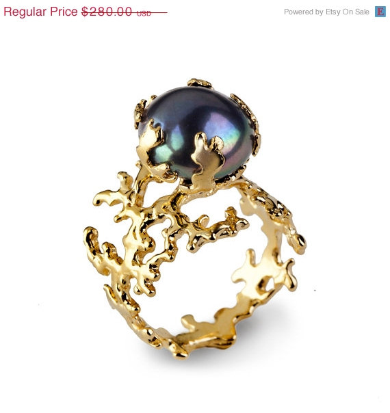 زفاف - 20% Off SALE - CORAL PEARL Black Pearl Ring, Gold Pearl Ring, Statement Ring, Large Pearl Ring, Black Pearl Engagement Ring