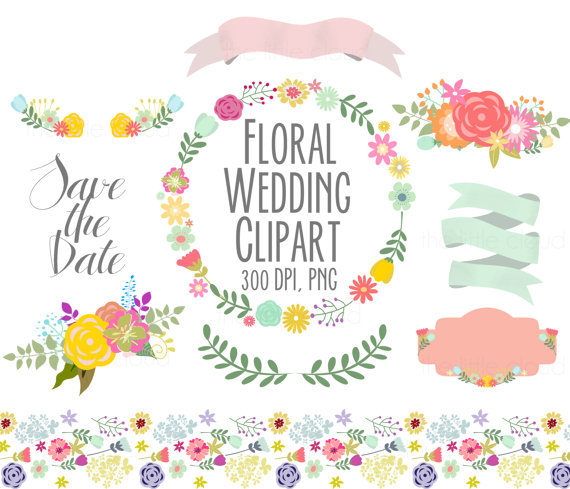 زفاف - Spring Flowers Wedding Floral clipart, Digital Wreath, Floral Frames, Flowers, scrapbooking, wedding invitations, Ribbons, Banners