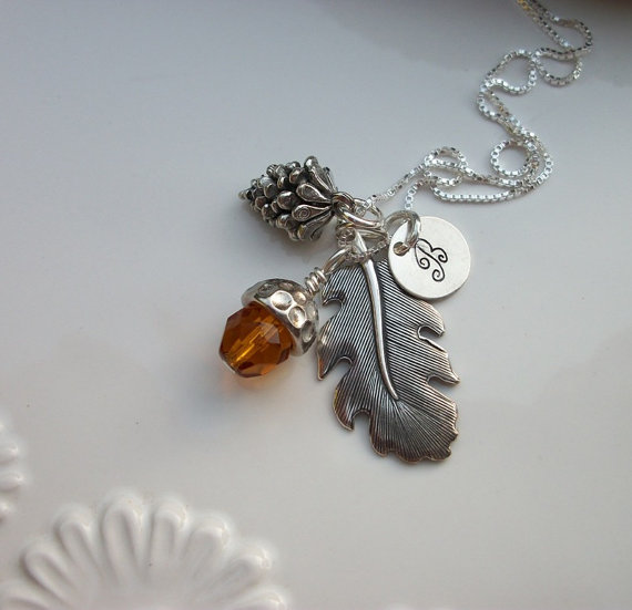 Hochzeit - Fall Colors Wedding - Bride or Bridal Party -  Leaf, Pinecone, Acorn, and Stamped Initial Sterling Silver Necklace