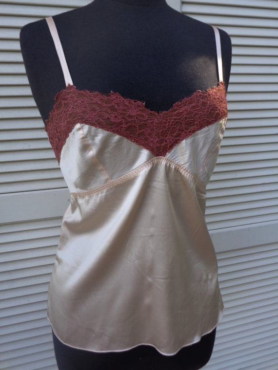 زفاف - Vintage Lingerie Peach Satin with Rust Brown Lace Slip Lingerie Night Gown Camisole 88