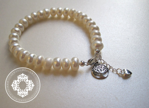 Mariage - Freshwater Pearl bracelet with a Sterling Silver Tree of Life Charm, Bridal Accessories, Bridesmaid, Bridal Jewellery, Beach wedding