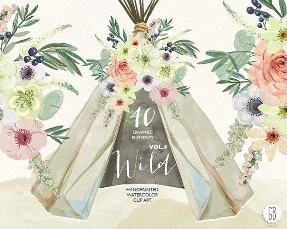 Свадьба - Watercolor teepee, flowers, peonies, tipi, wild, tribal, bohemian, boho clip art, wedding theme, clip art, watercolour branding. VOL. 4